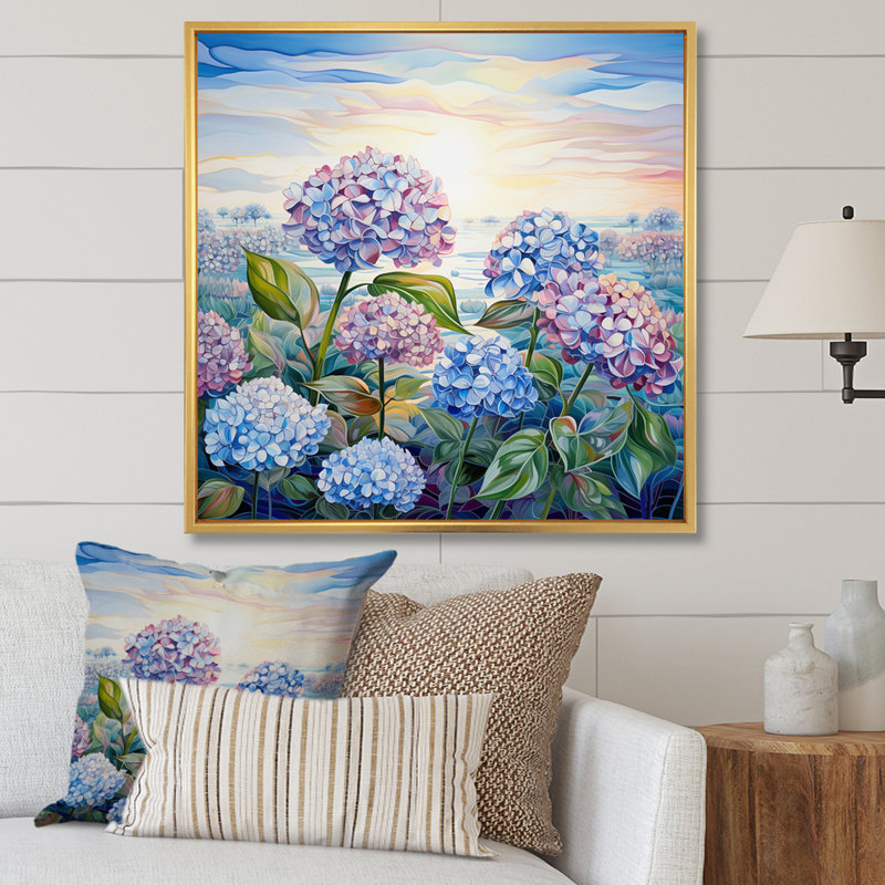 Hydrangée mauve par The Late I sur toile, H 16 po x l 16 po x P 1 po, Cadre flottant doré