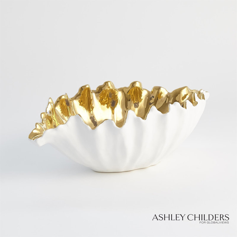 Organic Wave Oval Bowl-White-Lg, 5.75" H x 18.50" W x 10.50" D, White/Gold