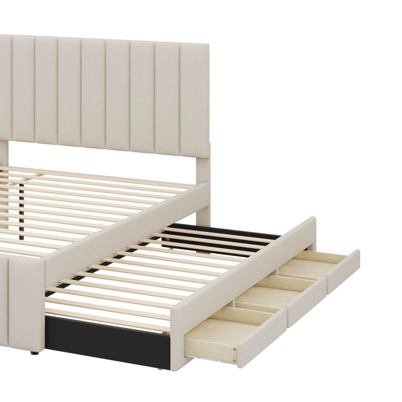 Lit double tapissier pleine grandeur avec lit gigogne à 3 tiroirs, Beige