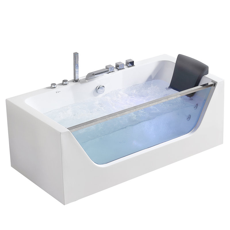 59 in. Acrylic Alcove Whirlpool Bathtub - Hydromassage Rectangular Jetted Soaking Tub with Center Drain