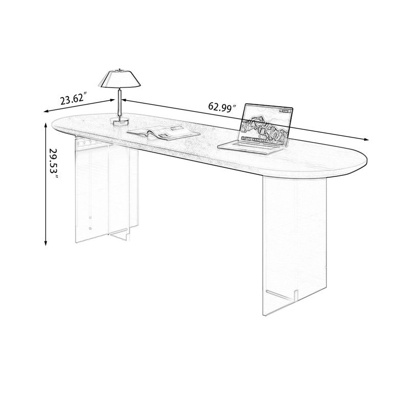 Noir + bois ovale transparent + bureaux en acrylique, H 29,53 po x l 62,99 po x P 23,62 po