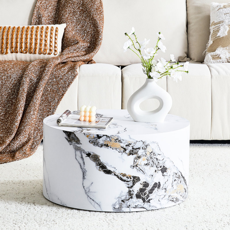 Table basse ronde à texture naturelle en marbre blanc naturel, 23,6 po de largeur, pas besoin d'installation