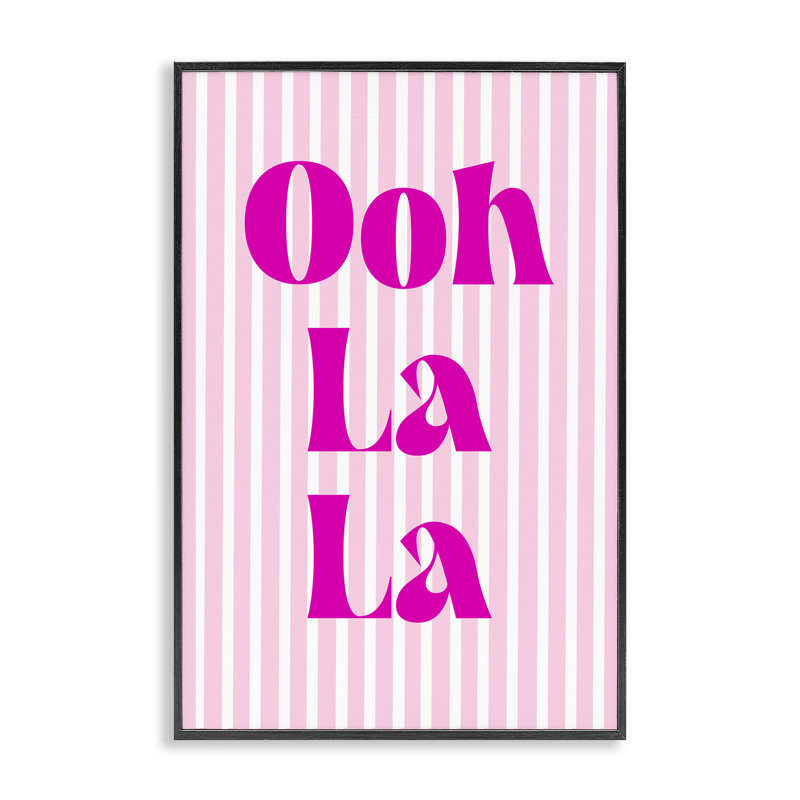 Ooh La La sur rayures roses, estampe numérique, design par Pooja Dave, H 18 po x l 12 po, Giclée encadrée noir minuit