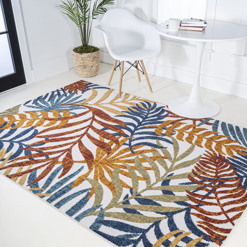 Manor Tropics Palm Leaves Cream/Orange Indoor/Outdoor Rug, Rectangle 4' x 6'