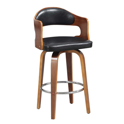 Mid-Century Modern Swivel Counter Stool, Curved Wood Back with Faux Leather Seat, Black