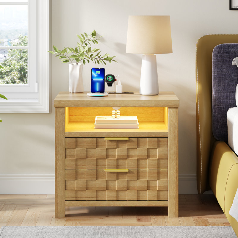 Table de chevet 2 tiroirs l 25,6 po avec prises et lumières intégrées, Brun jaune