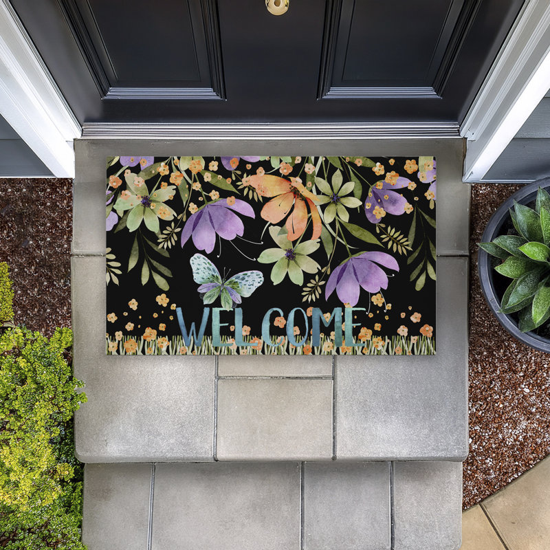  Tapis de porte antidérapant à fleurs à séchage rapide Welcome and Cottage Flowers, 18 po x 30 po, Bienvenue et fleurs