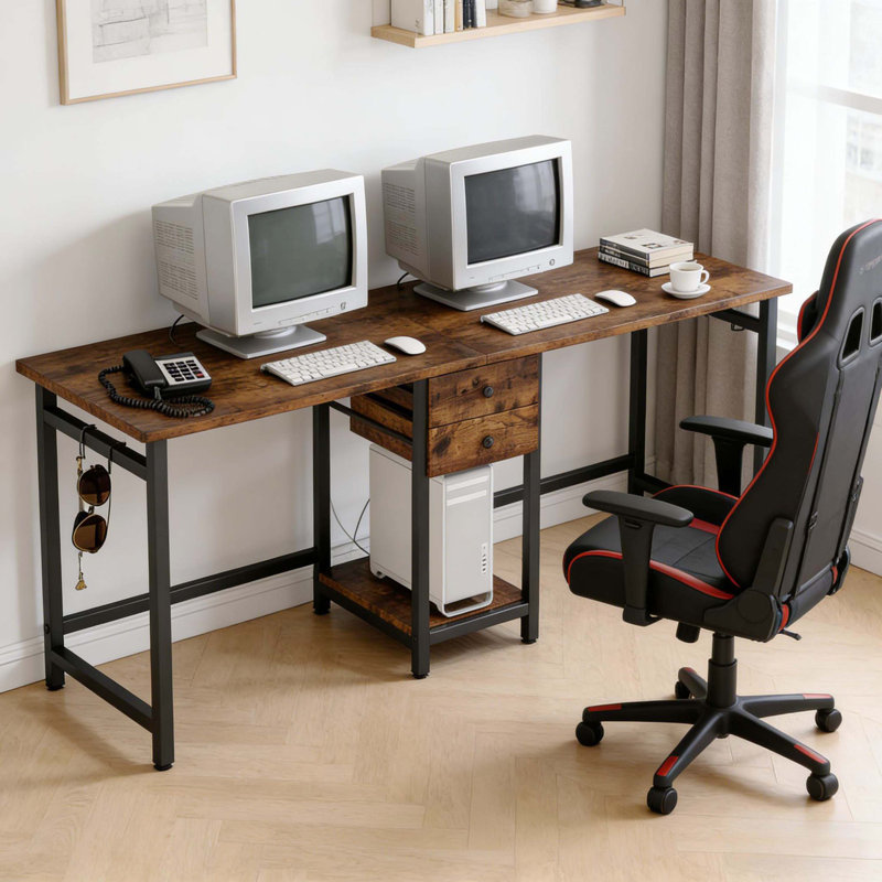 Bureau d'ordinateur double à deux places, bureau large idéal pour les jeux et le bureau quotidien, Brun rustique
