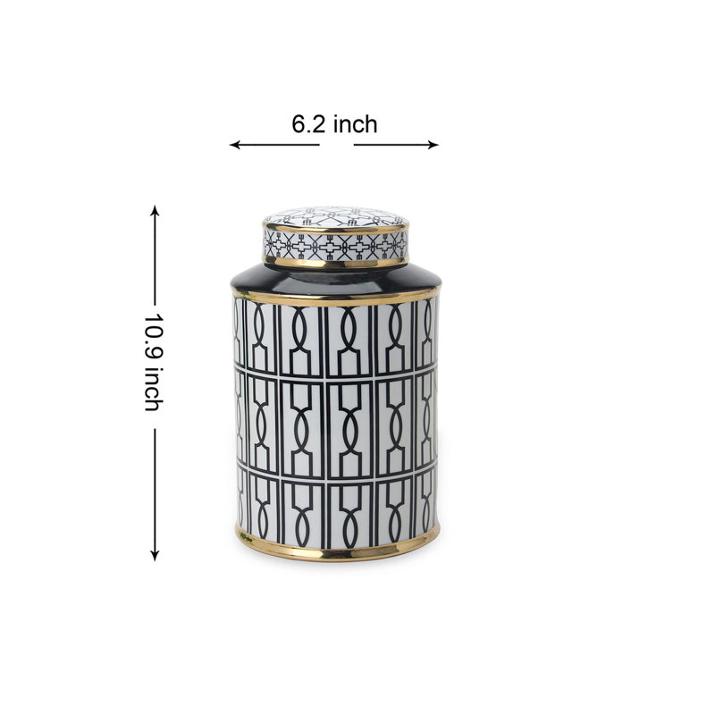 Elegant Ceramic Ginger Jars with Geometrical Design and Removable Lid, Black