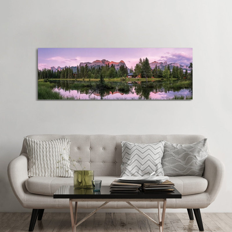 View Of Lake And Mountains, Spring Creek Pond, Alberta, Canada - Wrapped Canvas Panoramic Print, 182.88 cm H x 60.96 cm W