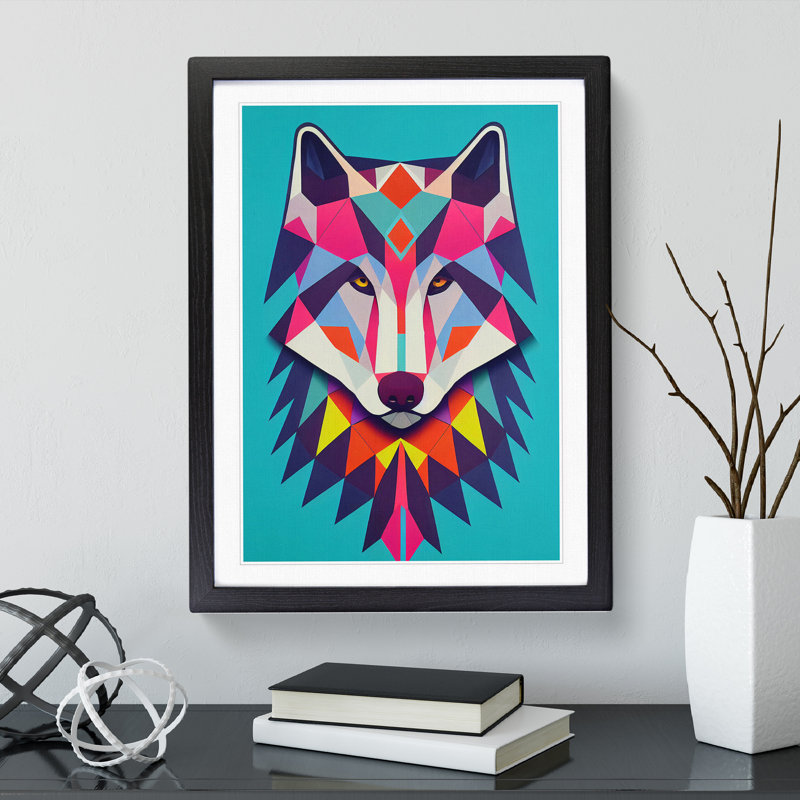 Colourful Abstract Wolf - Wall Art, Black Framed, 36cm H x 27cm W x 2cm D, White