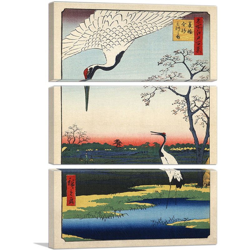 «Two Red-Crowned Cranes 1857» par Utagawa Hiroshige - ensemble de 3 reproductions d'art sur toiles tendues