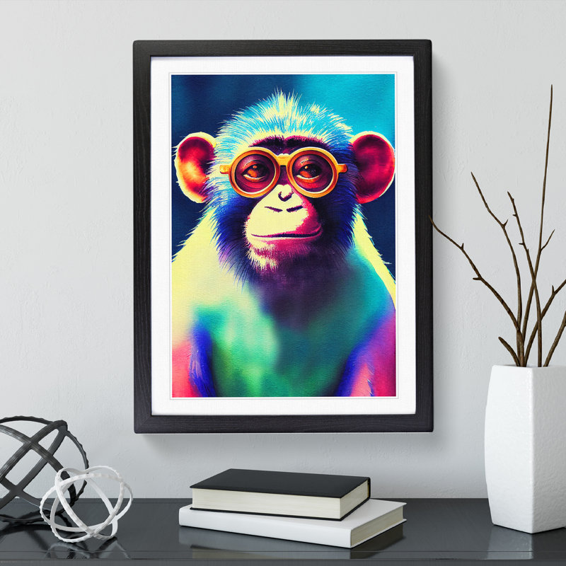 Neon Monkey No.4 - Wall Art, 64cm H x 46cm W x 2cm D, Black Framed