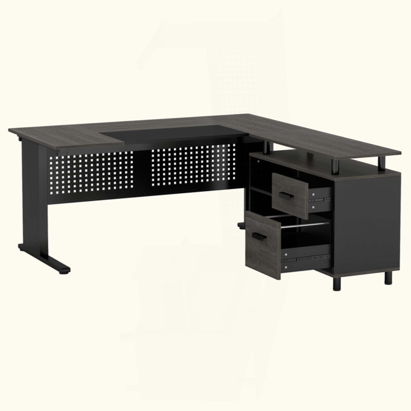 L-Shaped Executive Desk With File Cabinet, Large Modern Office Desk With Drawers, Shelves & Storage, Corner Computer Workstation For Home Office, Business Desk