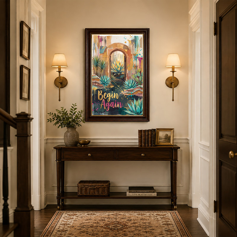 Teal Agave Cactus In Stone Archway With Pink Gold Script Canvas Wall Art, 18"H x 12"W