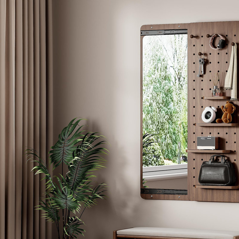 Wall Mounted Full Length Mirror, Full Body Mirror With Shelf, Full Body Mirror With Hook Wall Mounted Mirror With Multifunctional Design Panel, Bedroom/Living Room/Entrance Walnut (47.6*15.7In)