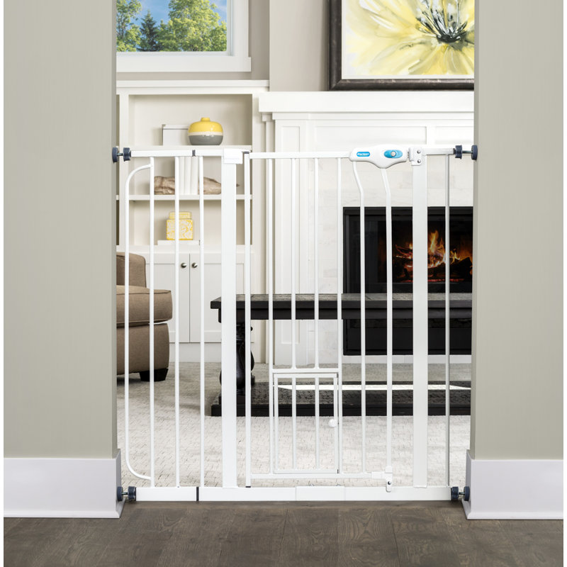 Extra Tall White Metal Pet Gate with Small Door