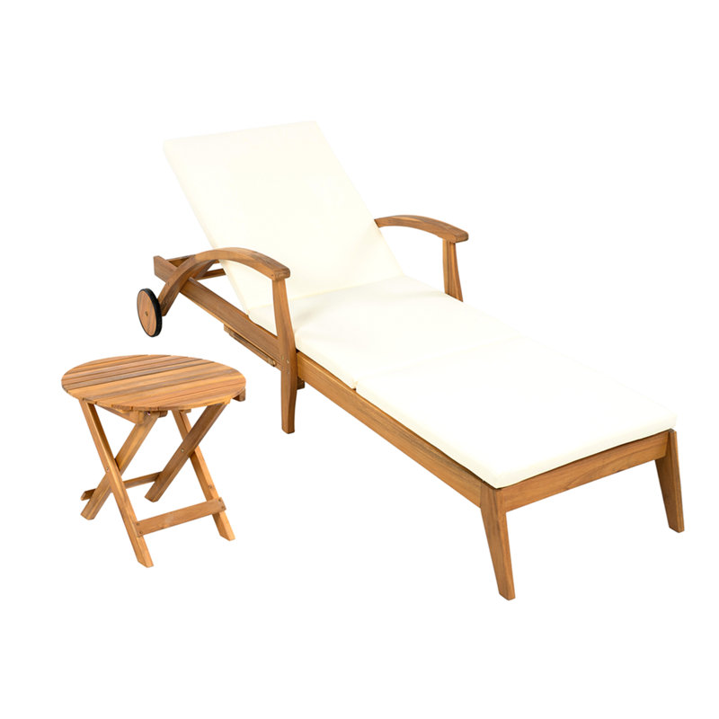 Ensemble de table d'appoint d'extérieur inclinable - Comprend un coussin de 2 pouces et une chaise longue à dossier réglable avec roulettes et une table d'appoint pliable et réglable en bois d'acacia pour porche Poode
