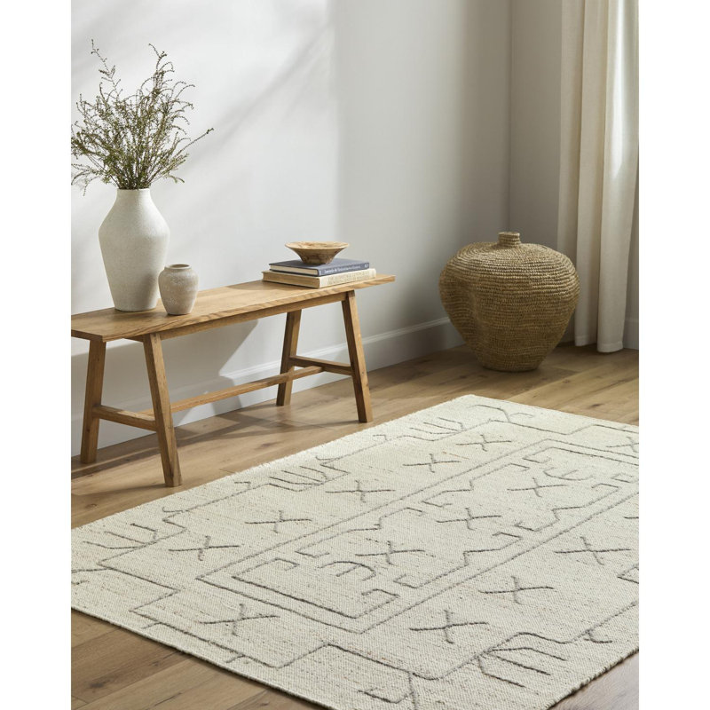 Rectangle Tobbie Geometric Hand Woven Flatweave Wool Area Rug in Pearl, Rectangle 8' x 10'