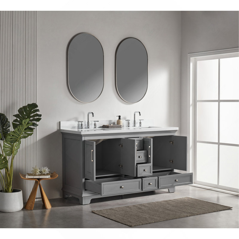 Meuble-lavabo double autoportant de 60 po avec pierre artificielle entièrement assemblé