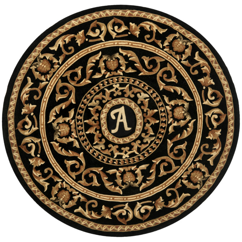 Handmade Round Black Monogram Wool Tufted Rug