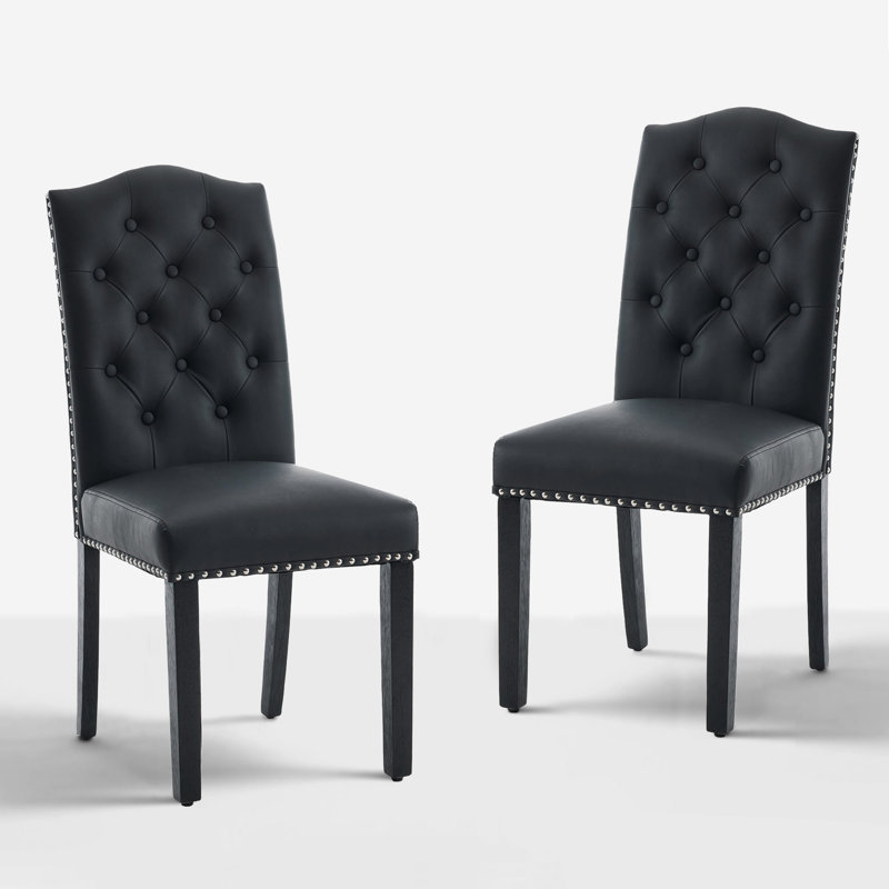 Classic Rivet Tufed Dining Chairs Set Of 2, Kitchen Seats Faux PU Leather Upholstered With Wood Legs, Black