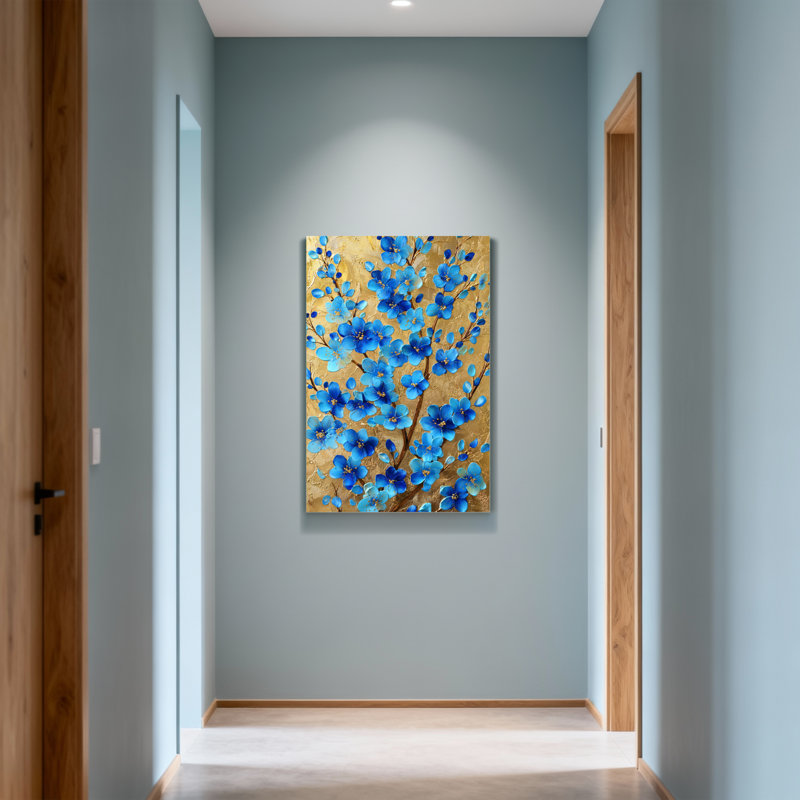 Plantes et fleurs fleurs bleues sur fond doré, H 20 po x l 30 po