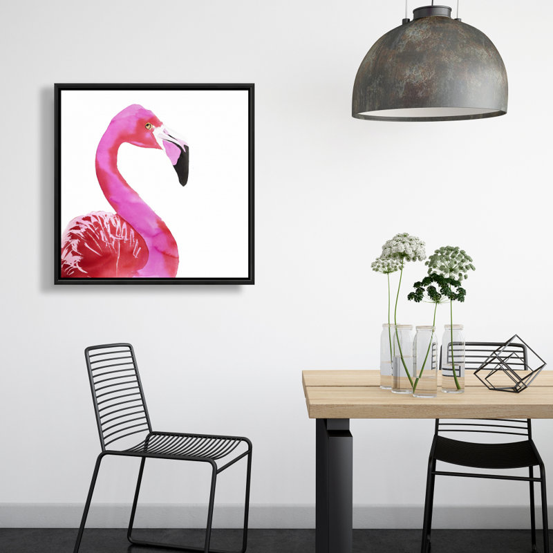 Aquarelle, fier profil de flamant rose | Toile rose encadrée, H 25,25 po x l 25,25 po