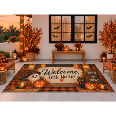 Tapis d'extérieur 152 x 213 cm, motif de chat fantôme/monstre « Bienvenue » pour l'Halloween, tapis bouclé en PVC imperméable, tapis résistant à séchage rapide pour porche, terrasse, balcon ou entrée.