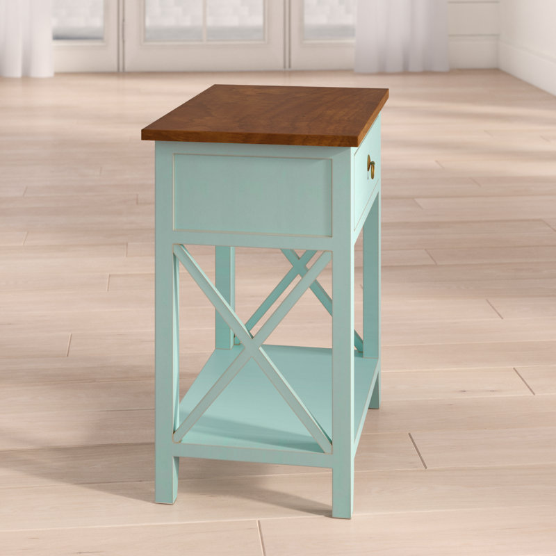 75.44cm W Solid Wood Bedside Table, Aqua