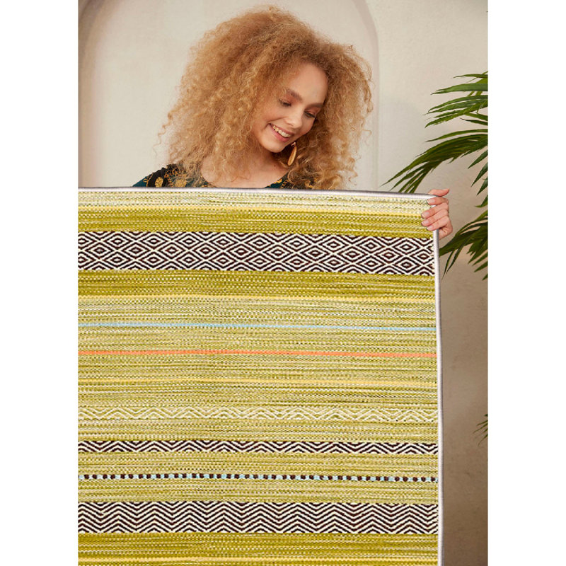 Premium 100% Cotton Area Rug, 39.4 x 59.1 inches | Antibacterial, Non-Slip PVC Underside, 0.28 in Pile Height | Machine Washable, Soft Dot Base | Stylish White, Yellow, Green & Black Design for Home Decor