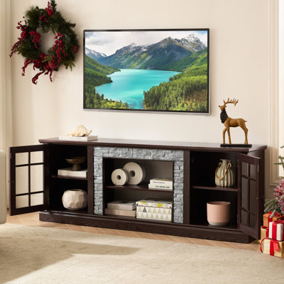 Cherry Color 70" Media Console, 2-Door Storage, Faux Stone Design, 75'' Tv Space, 6 Cable Management Holes