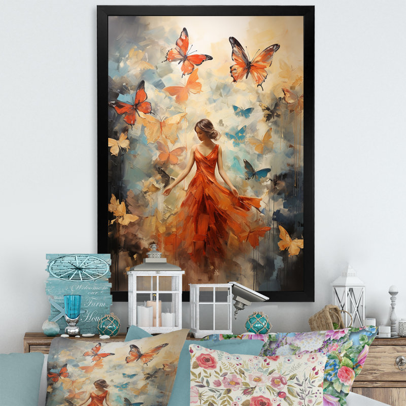«Butterfly and Woman Dance» - Art mural sur toile, H 44 po x l 34 po x P 1,5 po, Cadre simple noir
