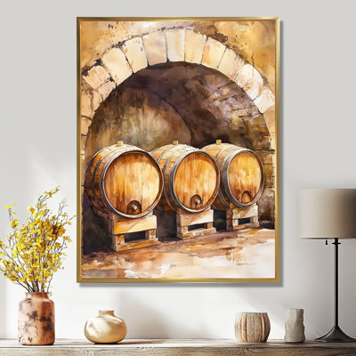 «Brown Barrels in the Old Wine Cellar», reproduction d'art encadrée de bar