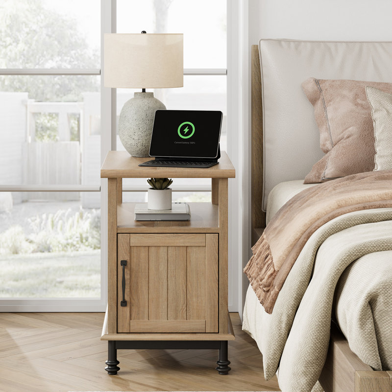 Modern End Tables With Charging Station, Individual, Oak/Oak