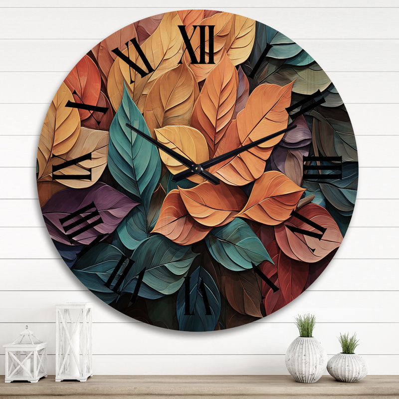 Colorful Leaves Collage I - Modern Oversized Wood Wall Clock, Très grand