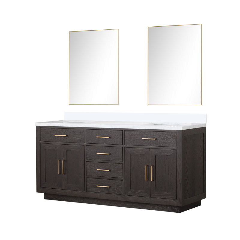 Ensemble de meuble-lavabo double 72 "avec miroir, Chêne brun, Marbre de culture blanc