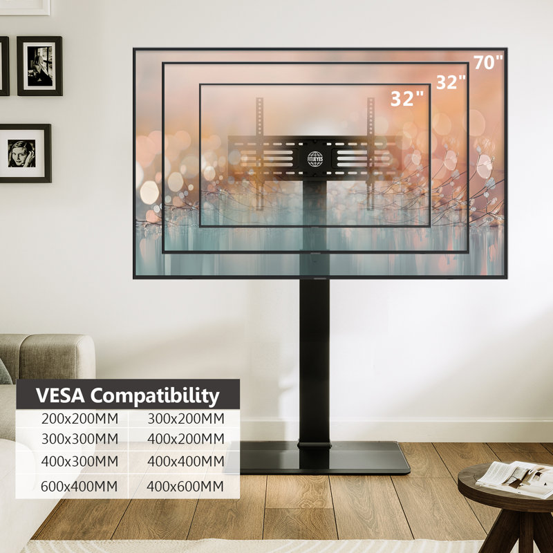 Meuble télé carré de style moderne pour téléviseur de 32 à 70 po FITUEYES, support pivotant et réglable en hauteur. Support jusqu'à 88 lb