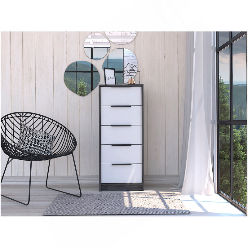 Commode verticale 5 tiroirs Kaia, chêne Smokey / blanc