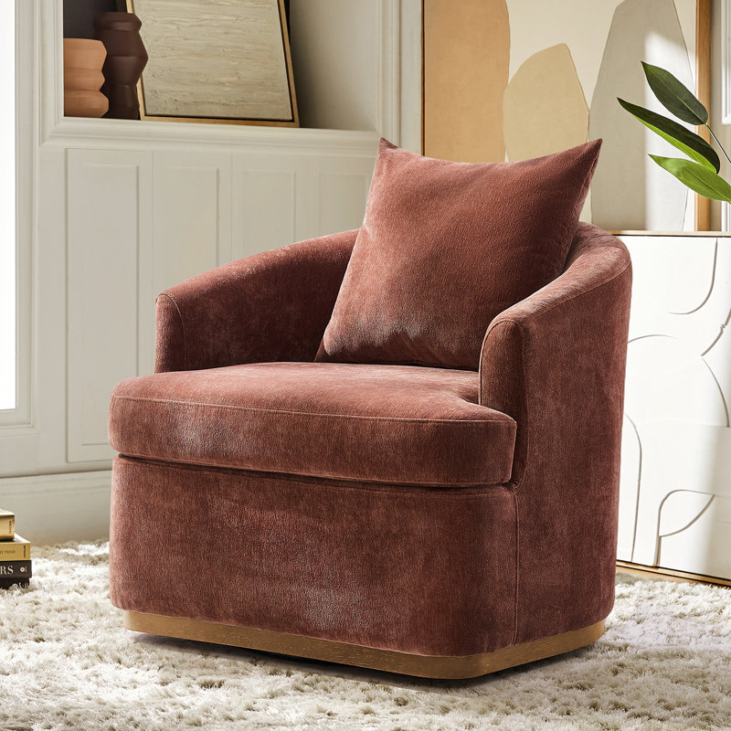 Berklie 31"W Modern Chenille Swivel Barrel Chair with Unique Arms and Solid Wood Legs, Rust
