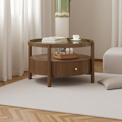 Solid Wood Round Glass Top Coffee Table with Storage Drawer, 2-Tier Mid Century Modern Circular Center Table, Wooden Cocktail Table for Living Room