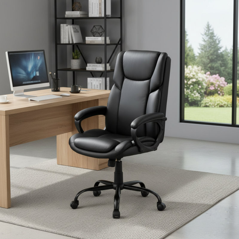 Bureau ergonomique en cuir véritable avec dossier haut, style bureau à domicile, noir.