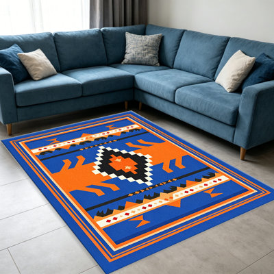 Tapis bleu royal, orange et noir pour le salon, doux et confortable, convient à toutes les saisons, facile à entretenir, tapis de sol intérieur lavable à la machine, sous la table de ferme convenant à la chambre à coucher, à la salle à manger, au bureau, au balcon, au patio