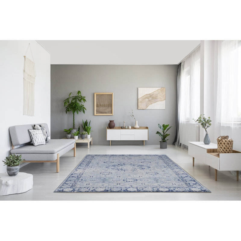 Emanuel Traditional Machine Woven Flatweave Light Blue and Blue Area Rug with Non Skid Backing , Rectangle 6'7" x 9'7"