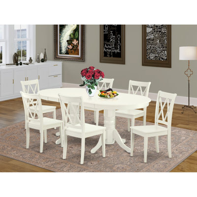 7 Piece Modern Dining Table Set Consist of an Oval Wooden Table with Butterfly Leaf and 6 Kitchen Dining Chairs, Linen White