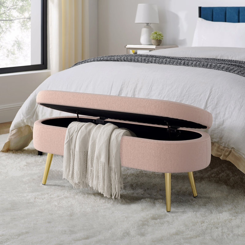 Banc de rangement repose-pieds ovale en flanelle avec pieds en métal - rose (43,5 po x 16 po x 16 po), Rose, Pink