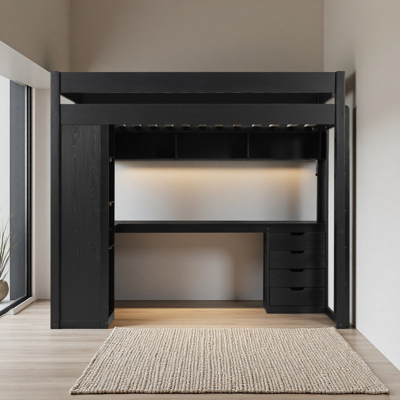 Lit mezzanine en bois massif avec bureau en forme de L et 4 tiroirs, lit mezzanine haut en placage de frêne avec bande lumineuse à contrôle intelligent APP, ports de chargement USB et tablettes ouvertes à 4 niveaux