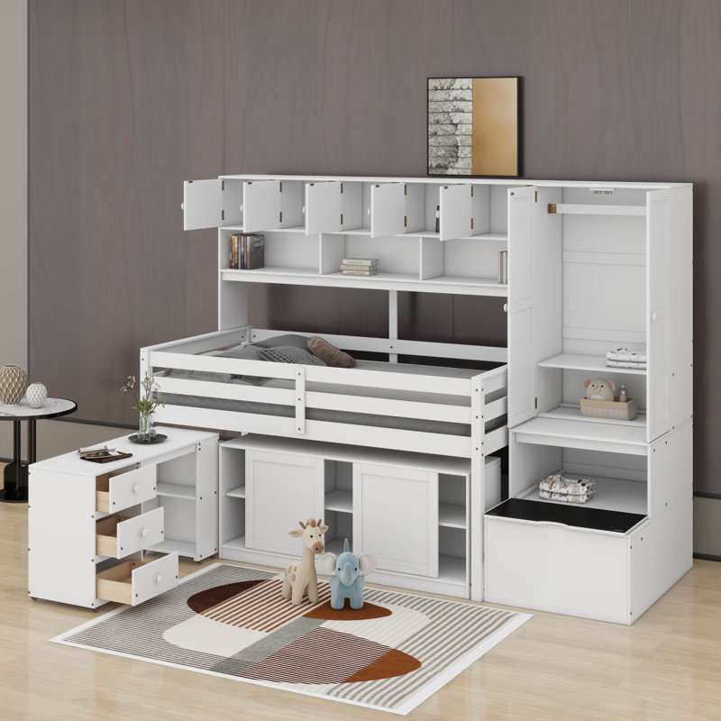 Lit mezzanine simple en bois avec tiroirs et tablettes, Gris