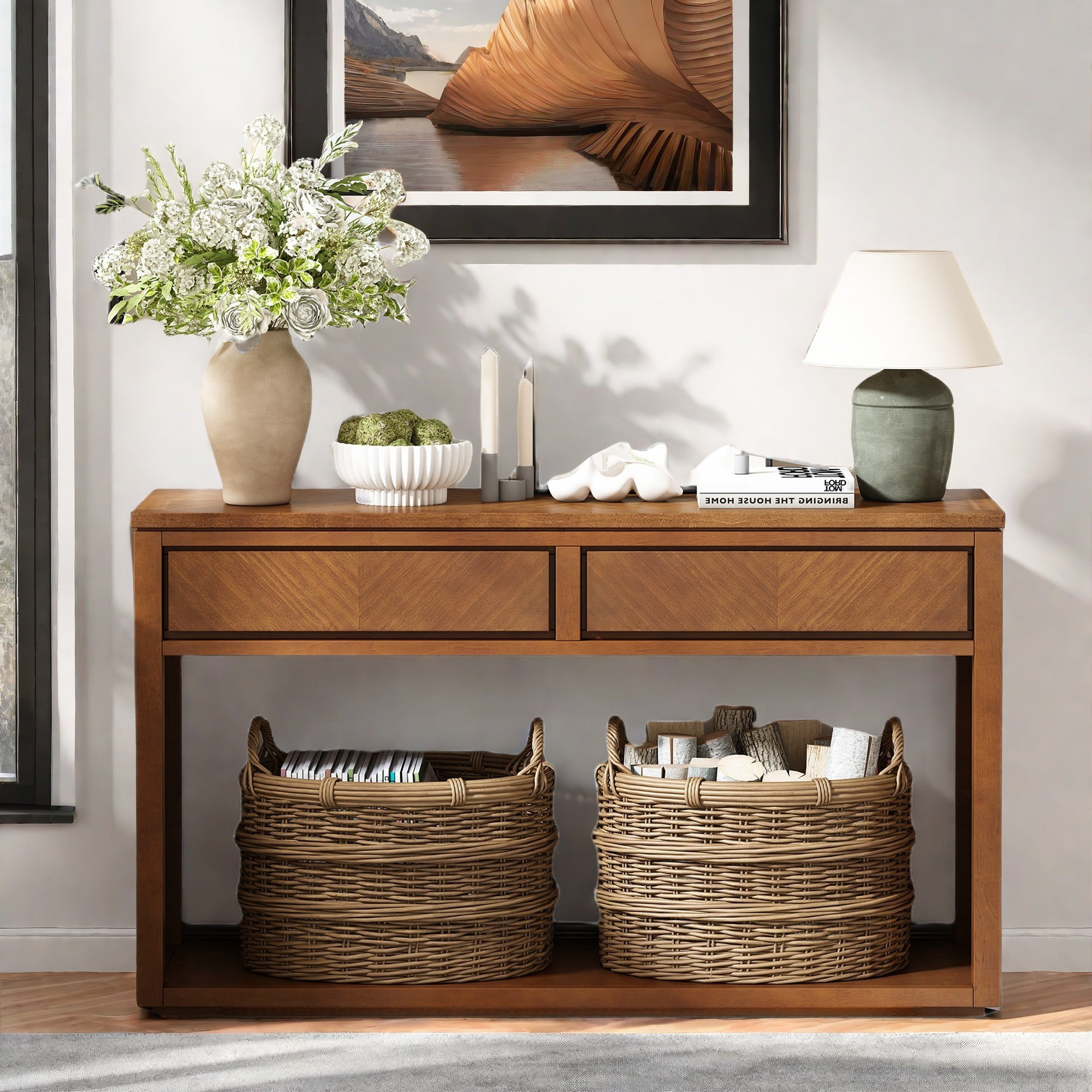 Gracie Oaks Rustic Wooden Console Table With 2 Drawers, Open Shelf And ...