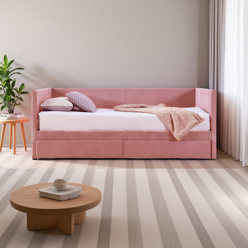 Twin Size Corduroy Daybed With Two Drawers And Wood Slat, Pink